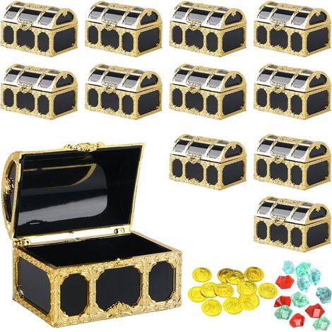 12 pièces Mini Coffre de Pirate : Petit coffre au trésor en plastique avec 12 pièces d'or et 12 pierres précieuses, coffre de pirates pour la décoration et le rangement de fête de pirates, 7,5 (1/5)