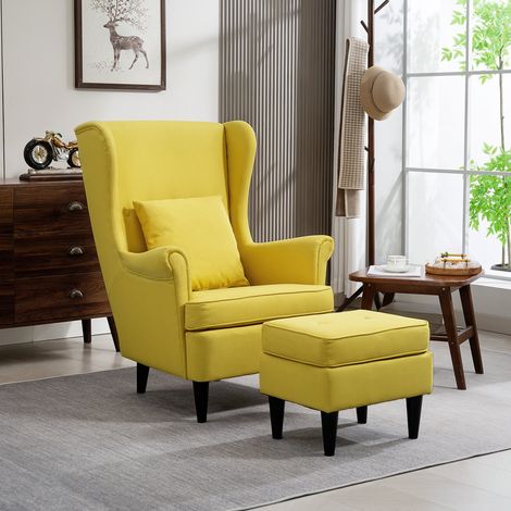 Fauteuil moderne avec repose-pieds, revêtement en imitation lin et bois d'hévéa, 75 x 83 x 104 cm, jaune (1/5)