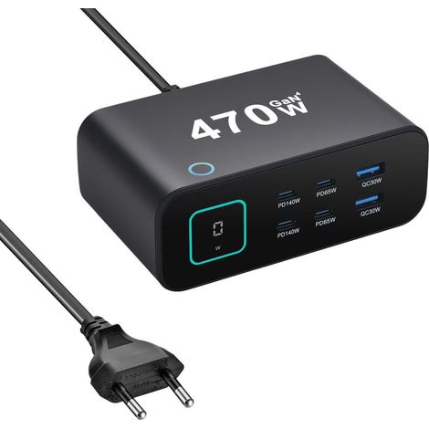 Nuovo caricabatterie da tavolo GaN da 470 W con USB-C PD a 6 porte, ricarica rapida 4C2A, design ultra-portatile per telefoni e tablet. (1/2)
