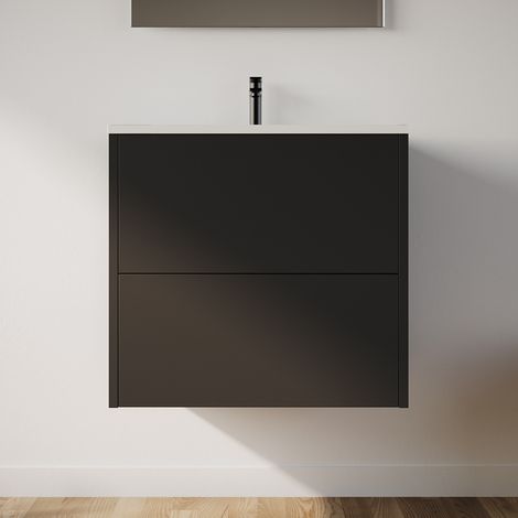 Meuble de salle de bain 60cm avec simple vasque - 2 tiroirs - sans miroir - noir - MONA (1/5)