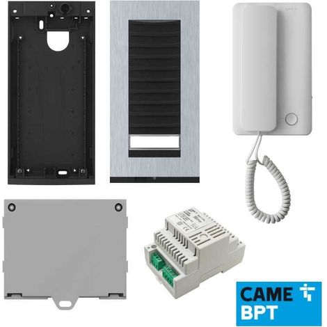 Kit d'interphone mural 1 appartement – 4 fils + coaxial – Bloc d'alimentation 230V – Plaque gris anthracite 1 bouton – Came Bpt (1/6)