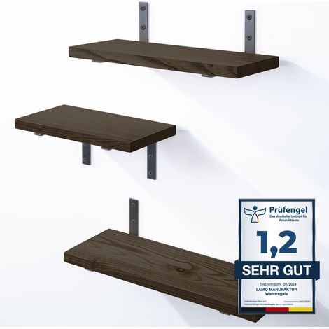 LAMO Manufaktur 3 Stück Wandregal Holz 42/36/30cm Schweberegal Massiv 100% Echtholz Hängeregal für Wohnzimmer, Schlafzimmer, Küche, Büro, Badezimmer Wandregale SET 3 Gerade Farbe: Schwarz (1/5)