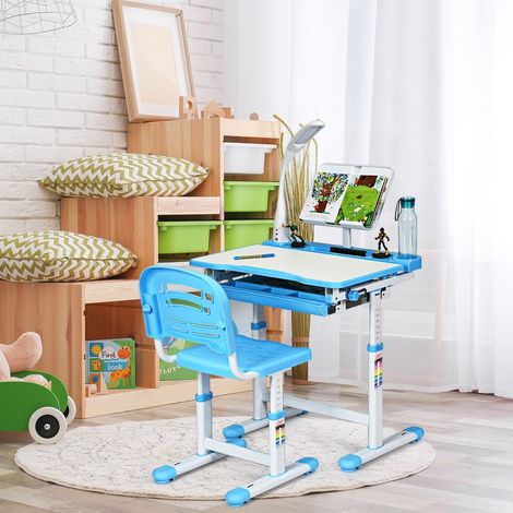 Escritorio para ninos con inclinacion regulable escritorio para estudiantes con lampara y silla color a elegir azul