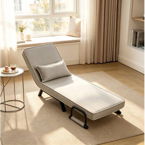 Poltrona letto 3 in 1 pieghevole in lino grigio chiaro e metallo, schienale regolabile, 65 x 78 x 75 cm (1/5)