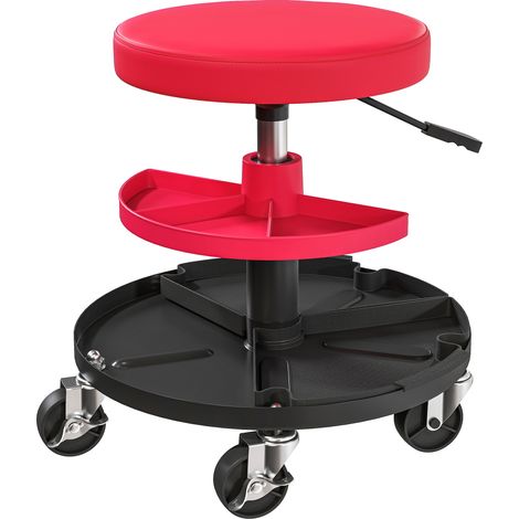 Sgabello da Officina Altezza 40-51 cm con Ruote Capacità fino a 135 kg con Vassoi Porta Utensili in Acciaio e Pelle Finta Rosso (1/5)