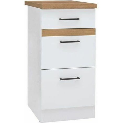 JUNONA Meuble bas de cuisine 40 cm - 3 tiroirs + plan de travail - Blanc brillant (1/4)