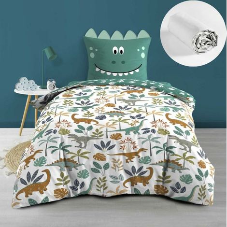 Pack Housse de couette enfant réversible DINA 140x200 cm + Drap housse 90x190 cm Blanc