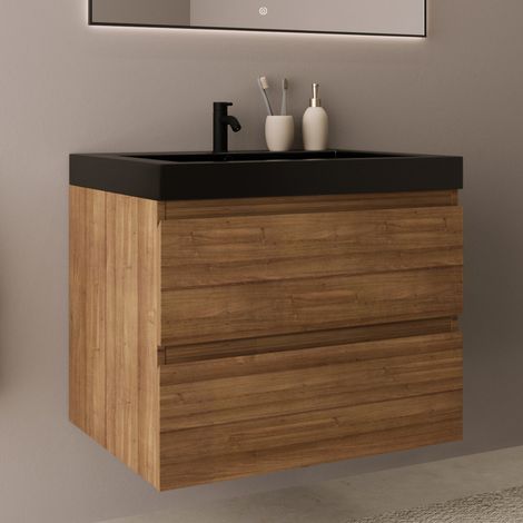 LOMAZOO Meuble de Salle de Bain 60cm Chêne Chaud - Vasque Noire -