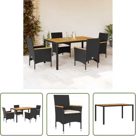 The Living Store Ensemble à manger de jardin et coussins 5 pcs noir rotin acacia - Meubles De Jardin - Salon De Jardin - Set De Jardin - Mobilier Extérieur - Table De Jardin (1/5)
