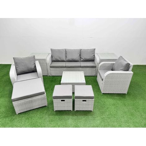Fimous PE Rattan Garden Furniture Set Reclining Chair Sofa Lounge Sofa Set Square Coffee Table 2 Side Table 3 Stools Light Grey (1/4)