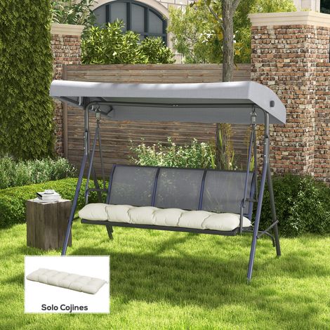 Cuscino per panchina da giardino o sedia a dondolo 128x48x8 cm con 2 cordini di fissaggio, impermeabile e con protezione UV 50+, colore crema.