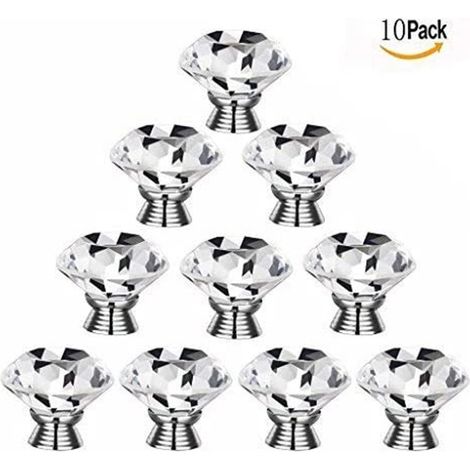 Poignées de porte en verre cristal transparent de 40 mm, en forme de diamant, idéales pour la décoration de tiroirs, placards et armoires, lot de 10. (1/5)