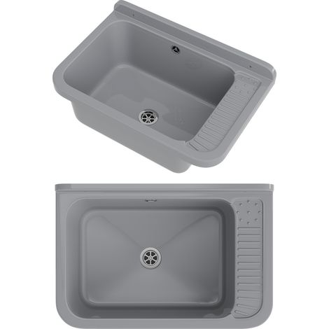 Granitan – Évier utilitaire 1 bac en polypropylène gris – Résistant aux produits chimiques – Installation rapide avec siphon et kit de montage (1/5)
