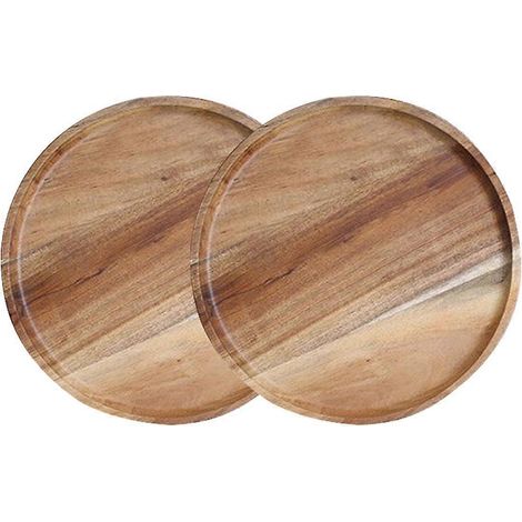 Lot de 2 assiettes plates rondes en bois d'acacia, faciles à nettoyer et légères, idéales pour les plats, les en-cas et les desserts - 20 cm (1/5)