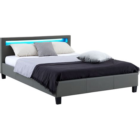 Idimex – Lit double gris 140x190 cm – Tête de lit rembourrée avec éclairage LED – Sommier à lattes inclus – Design moderne et élégant (1/4)
