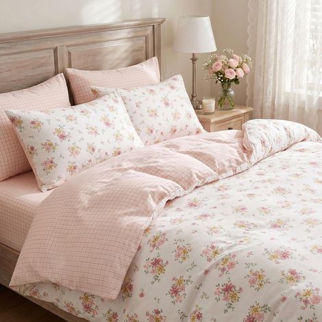 Bettwäsche-Set 135x200cm Mikrofaser mit Blumenmuster und Karomuster