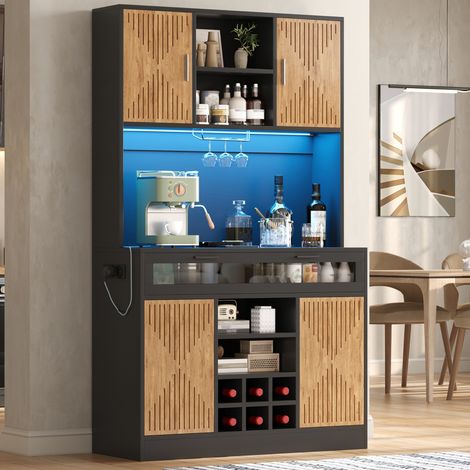 Alacena de cocina - 105 x 40 x 180 cm - armario buffet alto con luces led, enchufes integrados, mueble despensa moderno con puerta de cristal, botellero, portavasos - estilo moderno - mdf - natural (1/5)