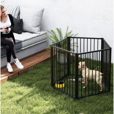 Parque plegable para perros de 5 paneles con puerta, valla portátil de acero negro DESVIAE (1/5)