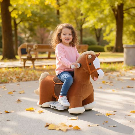 Cheval électrique enfants pédales roues sons peluche métal - Dimensions: 74x34x51 cm - Couleur: Marron