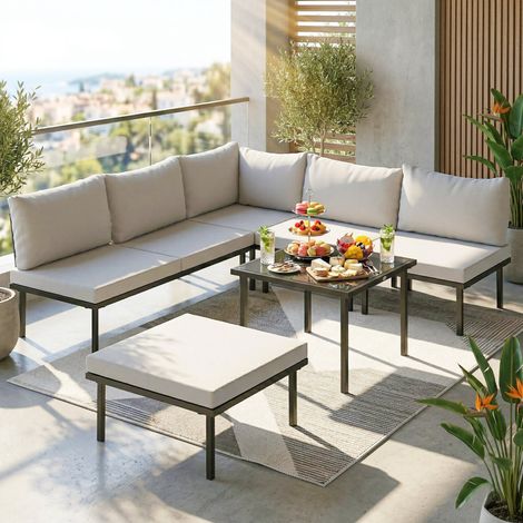 Salon de jardin Gris modulable d'angle pour 6 personnes table basse plateau verre trempé clair