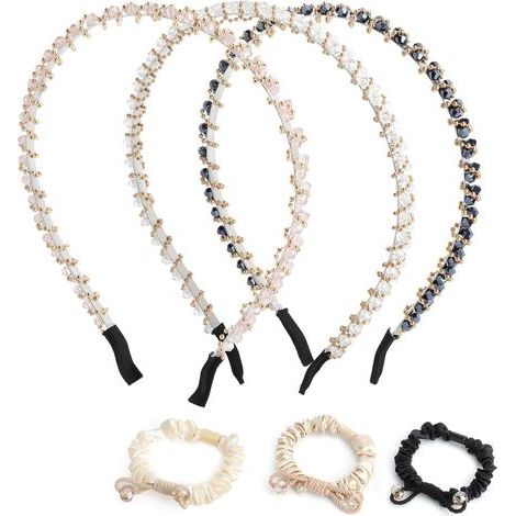cerchietti con strass e tre elastici per capelli, cerchietto con tiara di strass per donne e ragazze, perfetto per feste, balli, attività quotidiane, lavare i piatti e trucco di compleanno. (1/5)