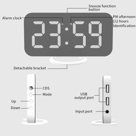 Réveil numérique miroir LED - Luminosité automatique réglable Double port USB de charge - Table de chevet chambre bureau - 6 pouces (1/5)