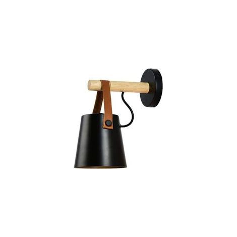 Wandleuchte für den Innenbereich aus Holz und Leder, E27-Fassung, Vintage- und Retro-Stil, für Flur, Wohnzimmer, Schlafzimmer, Metall und Eisen (schwarz) - Crezuo