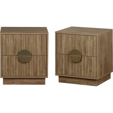 Lot de 2 tables de chevet 2 tiroirs effet bois de manguier rainuré. poignées en métal doré. L42 x P38 x H50cm (1/5)