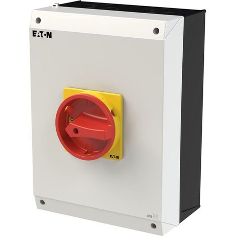 Eaton Interruptor principal, P3, 100 A, Montaje, 3 polos + N, Función PARADA DE EMERGENCIA, con empuñadura giratoria roja y anillo de bloqueo amarillo, bloqueable en posición 0, 207379