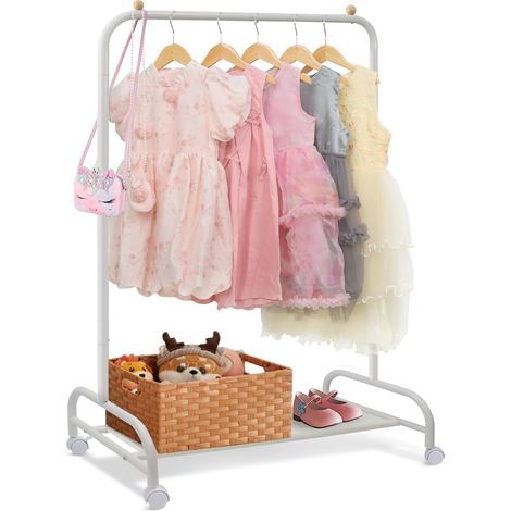 Portant enfant à vêtements avec étagères à chaussures, portant à vêtements sur roulettes, portant vetement solide, porte manteau enfant pour manteaux, jupes, costumes, blanc (1/5)