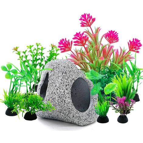 Set of 10 Aquarium Decorations, 1 Granite Ceramic Cave, 9 Plastic Plants, Betta Shrimp Refuge (1/5)