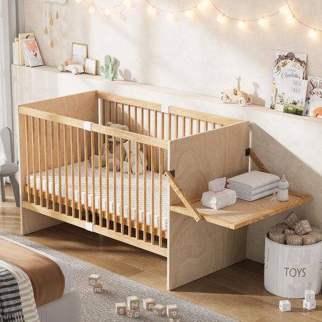 Cuna para bebé con somier de láminas cambiador plegable ajustable para habitación infantil madera de pino macizo natural - 70x140x95 cm (1/5)