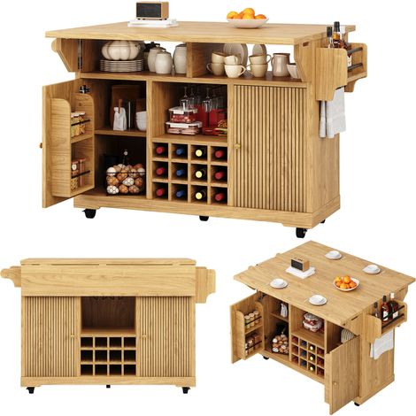 Ilot central de cuisine extensible Naturel,desserte Cuisine avec plan de travail,sur roulettes,142.5x40(80)x95cm (1/5)