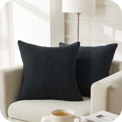 Lot de 2 Housse de Coussin 40x40cm Décoratif Canapé en Chenille Housses Coussin Decoration Chambre Carré Couleur Uni pour Chaise,Voiture,Bureau, Noir (1/5)
