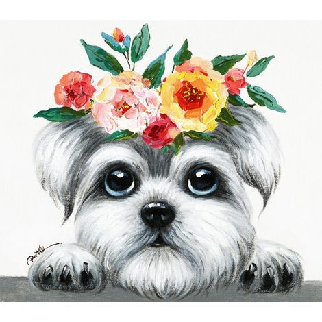 Tableau peinture Chien couronne de fleurs 50 x 50 cm - Doggy (1/2)