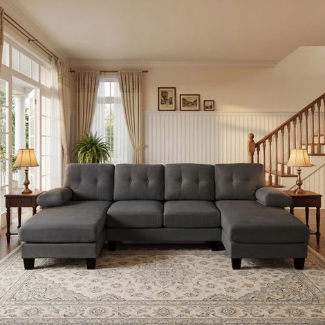 REDOM Divano a U 268x128x84 cm, doppia chaise longue, tasche laterali e braccioli removibili, chenille grigio (1/5)