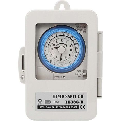 Mechanical timer, time switch, TB388, PC, waterproof, 24 hours, daily programmable, water heater lighting timer, AC 100-250V, 20A (1/4)