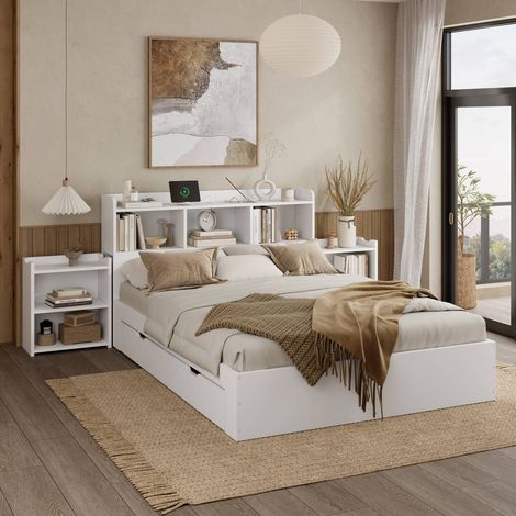 Lit double 140x200 cm en bois blanc avec tête de lit, tiroirs et chargeur USB-c sans fil (1/5)