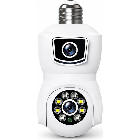 Caméra ampoule WiFi E27 E9 intérieure, double objectif 3MP + 3MP, double écran, surveillance 360°, vision nocturne couleur et infrarouge 10 m, audio bidirectionnel, détection de mouvement, alarme, sto (1/4)
