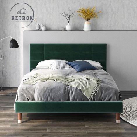 Lit double rembourré en velours 140x200cm, cadre de lit avec sommier à lattes et tête de lit, pour adultes et adolescents (matelas non inclus)-vert foncé