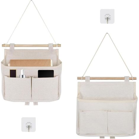 Mural en Lin Pliable Suspendu, 2 Sacs Étagère de Rangement Suspendue, Sac de Rangement Mural Pliable, 3 Compartiments Blanc (1/5)