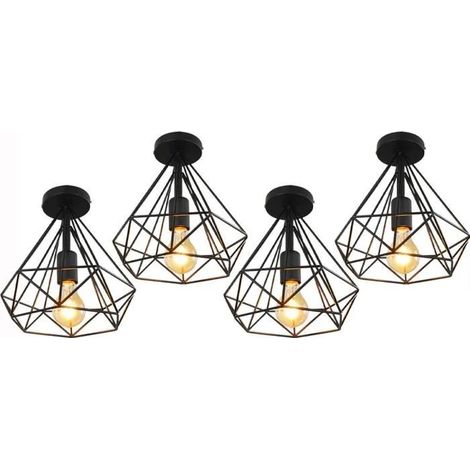 U-Do 4Pcs Plafonnier Luminaire Vintage Lampe Cage en Fer Noir E27 25cm Ampoule non Inclus (1/4)