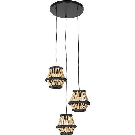 QAZQA Lampada a sospensione evalin - Orientale - Bamboo,Acciaio - Nero/Legno - Tondo Max. 3 x Watt