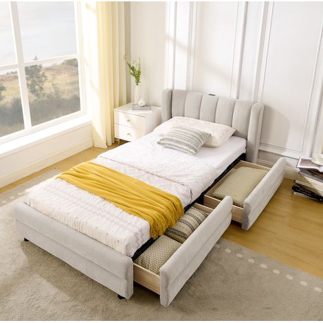 Einzelbett 90x200 mit Schubladen und USB Chenille Beige OKMYHOME (1/5)