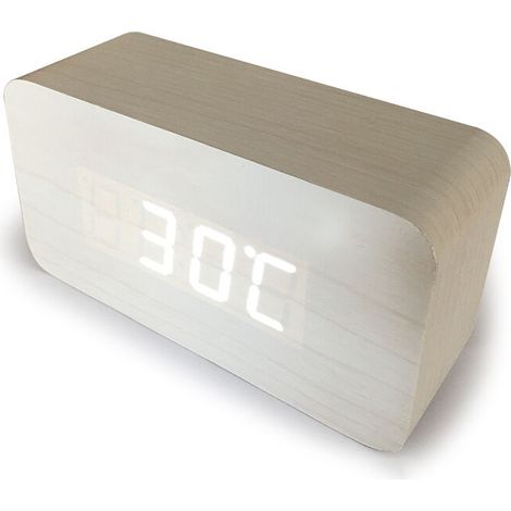 blanc Numérique Réveil Bois Réglable Luminosité Contrôle Vocal LED Horloge Rectangle Affichage Temps Température Décor À La Maison (1/3)