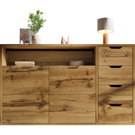 Commode buffet 150 x 40 x 90 cm aspect chêne avec niche ouverte, 2 portes et 4 tiroirs – Étagères réglables, charnières métalliques Soft-Close et système anti-basculement pour salon et entrée