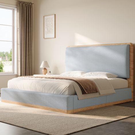Lit plateforme 140x200 cm - tissu bouclette teddy - structure fonctionnelle - design moderne - gain de place - pour chambre - bois naturel et gris (1/5)