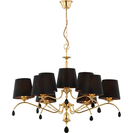 Lustre doré cristaux, abat-jour noirs, 9 bras, 9xE27 (1/3)