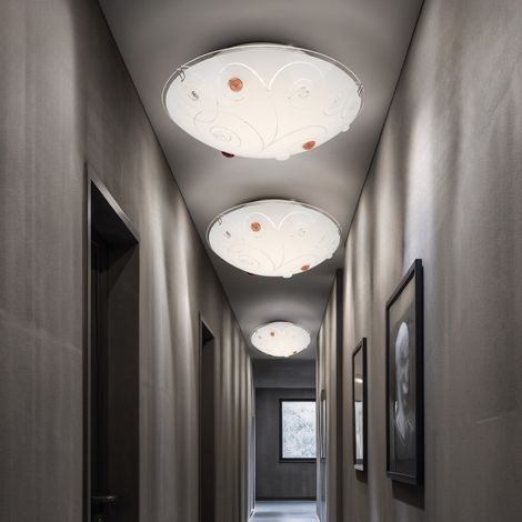 Plafonnier avec abat-jour en verre, 1 flamme, éclairage de salon, opale avec pierres décoratives, lignes métalliques chromées, 1x LED 8 watts 640 lm, D 25 cm (1/5)