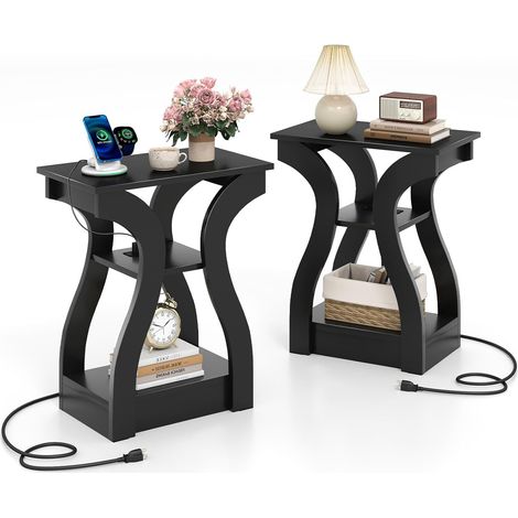 COSTWAY Set di 2 Tavolini da Salotto con 2 Prese AC, 1 Porta USB e 1 Porta Tipo C, Tavolini Laterali da Divano a 3 Ripiani, Tavoli Moderni in Legno per Soggiorno, Ufficio e Studio (1/5)
